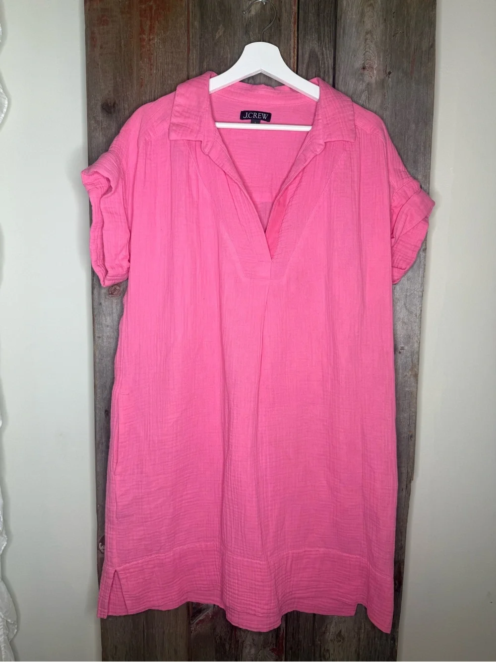 J. Crew V Neck Shirt Dress in Cotton Gauze Tea Rose Pink Large